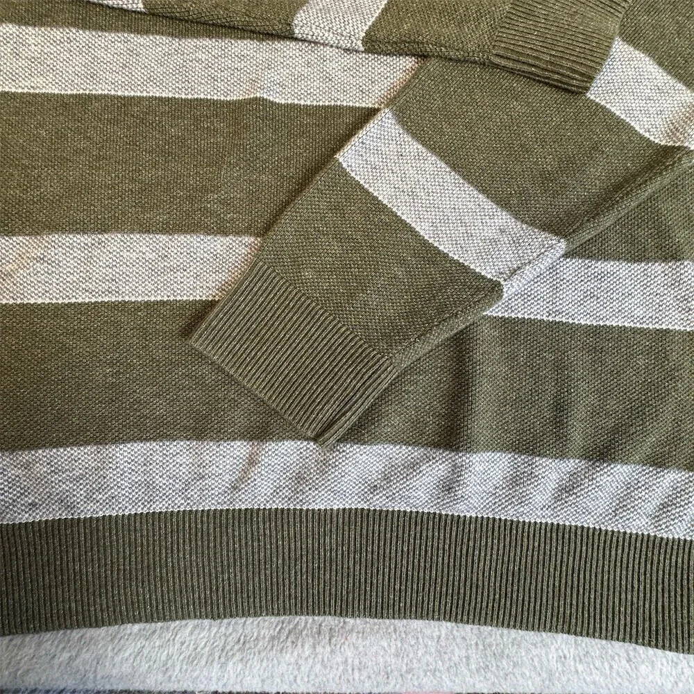 Banana Republic Cotton Sweater Mens Size L Olive Green Gray Striped Crewneck